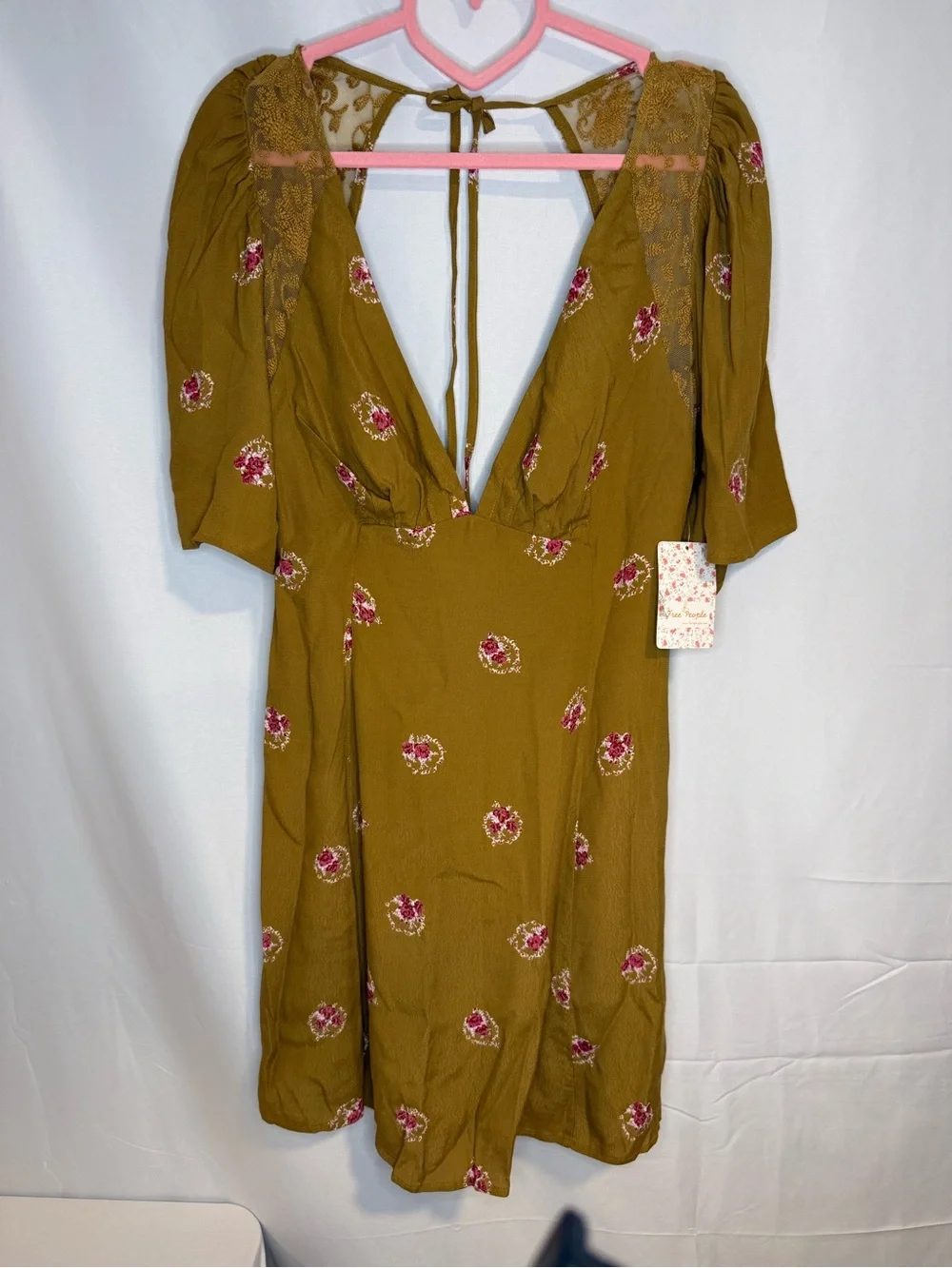 Free People Olive Floral Split-Neck Dress with Pink Accents - Picture 2 of 5